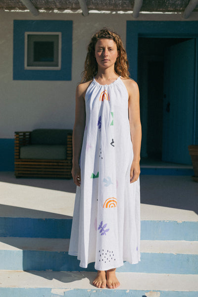 The Linen Maxi 1/2 Dress in Multicolor Print
