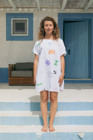 The Linen Nita 1/2 Dress with Multicolor Print